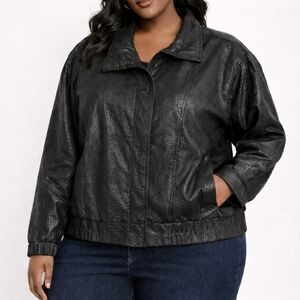 Niki Black Leather Textured Croc Embossed Bomber Jacket Vintage Zip Front L